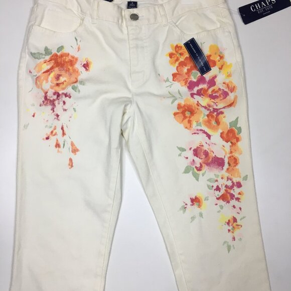 NWT CHAPS 5 Pocket Ivory MultiColor Floral Print Slimming Fit Slim Ankle Jeans - Picture 7 of 14